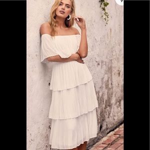 Lulu’s Gala ready white off shoulder midi dress